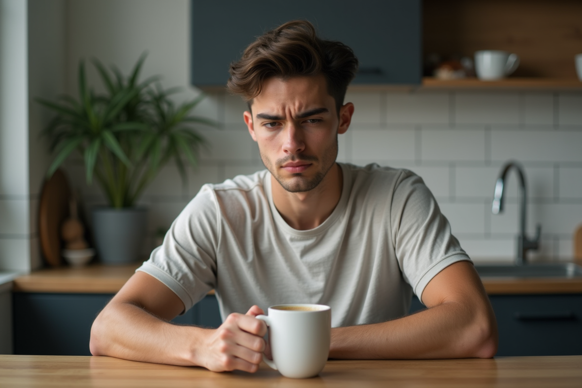 Jeune homme pensif avec tasse dans la cuisine