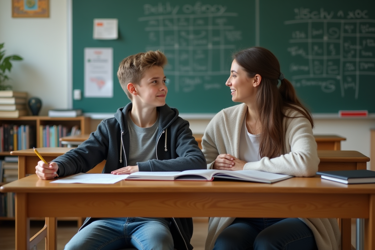 Adolescent en classe avec enseignant encourageant