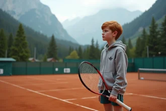 Jeune garçon avec raquette sur court en montagne