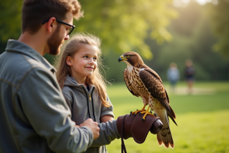 Jeune garçon et fille avec un faucon sur la main