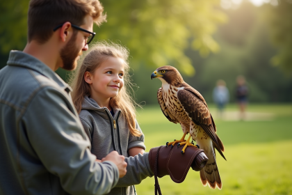 Jeune garçon et fille avec un faucon sur la main