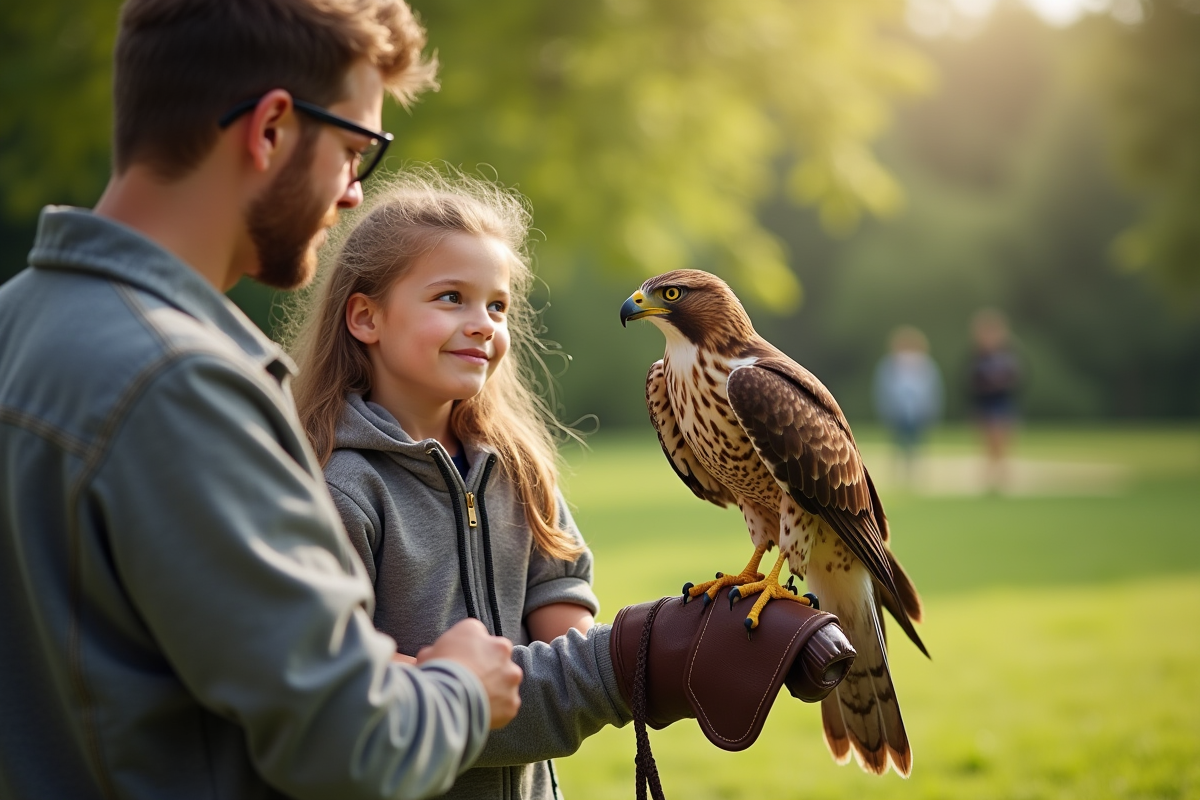 Jeune garçon et fille avec un faucon sur la main