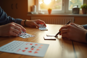 Deux personnes jouent au rummy à une table en bois lumineux
