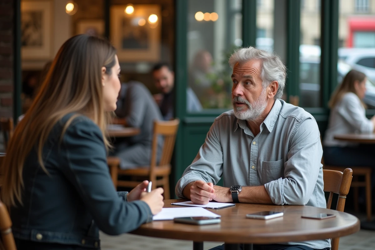 Journaliste et intervieweuse en discussion professionnelle dans un café parisien, évoquant l'analyse de rumeurs et de faits concernant des personnalités publiques