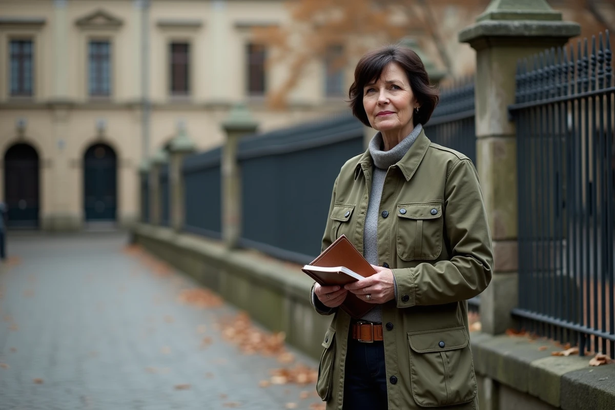 Journaliste de terrain debout sur une place pavée européenne, carnet de notes à la main, regard concentré sur le terrain