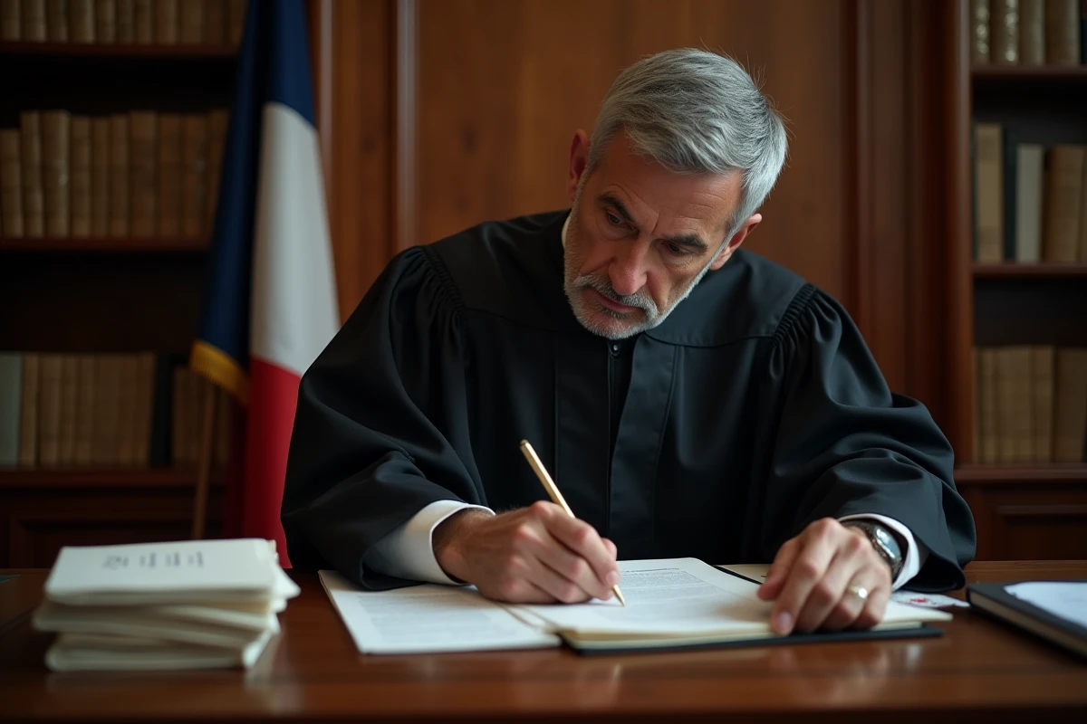 Juge en robe noire examinant un dossier dans la salle d