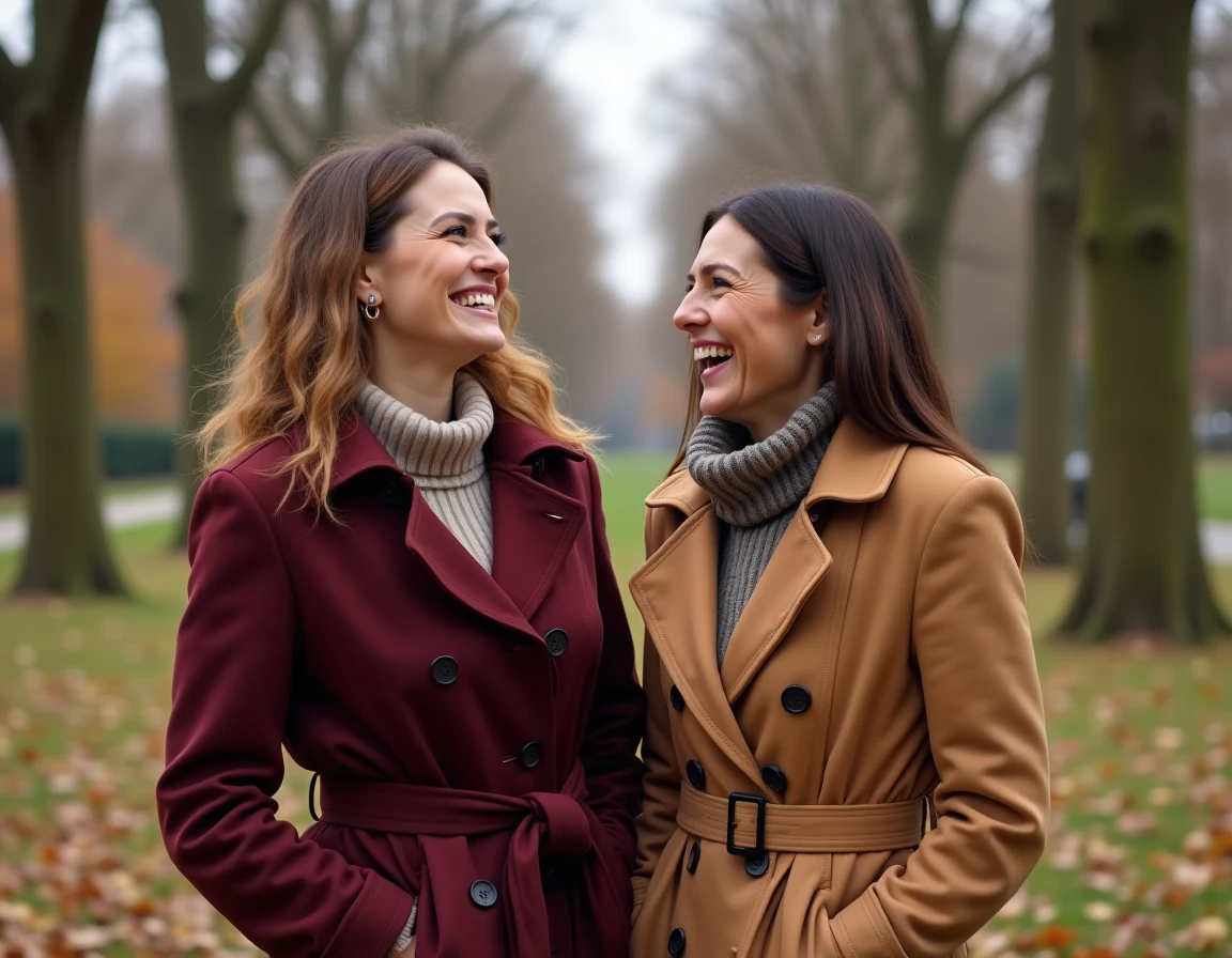 Deux femmes jumelles qui rient ensemble dans un parc en automne, symbolisant le lien fraternel et la notoriété partagée