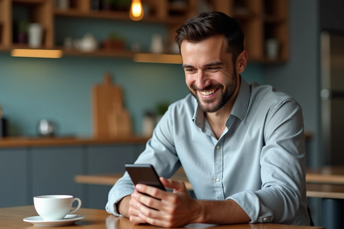 Homme lisant un message d'anniversaire professionnel sur son smartphone dans une salle de pause de bureau
