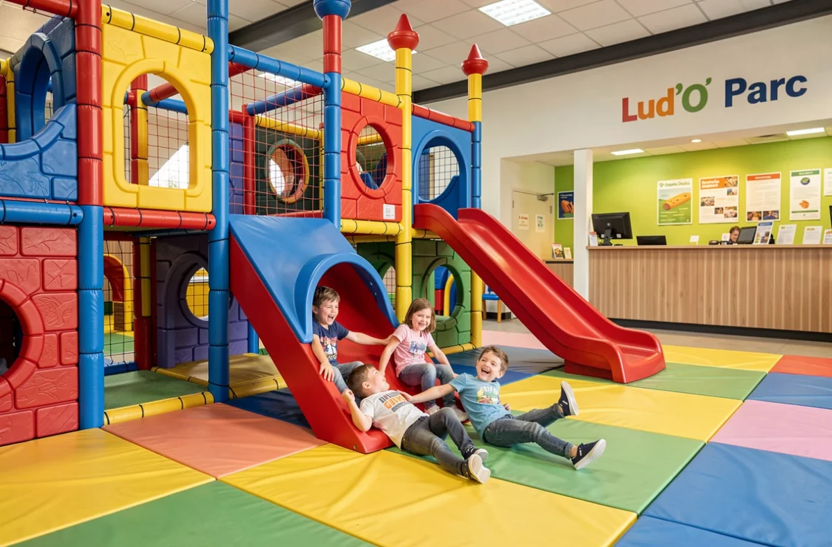 Lud'O Parc à Nérac avec château de jeux indoor et enfants sortant d'un toboggan sur un tapis de réception
