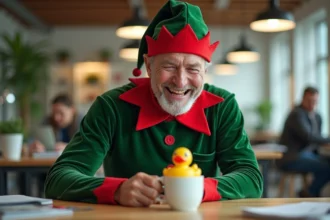 Lutin farceur déguisé en elfe plaçant un canard en plastique dans la tasse d'un collègue au bureau, idée de farce rigolote au travail