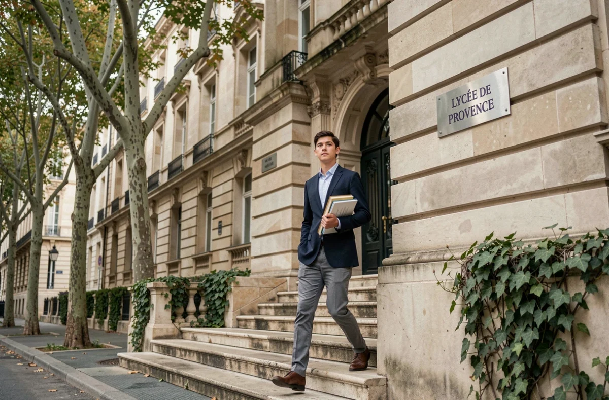 Façade du Lycée de Provence à Marseille avec un élève montant les marches d'entrée en pierre