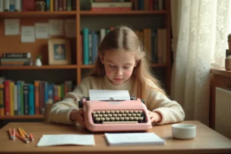 Jeune fille concentrée tapant sur une machine à écrire jouet rose vintage dans sa chambre entourée de livres