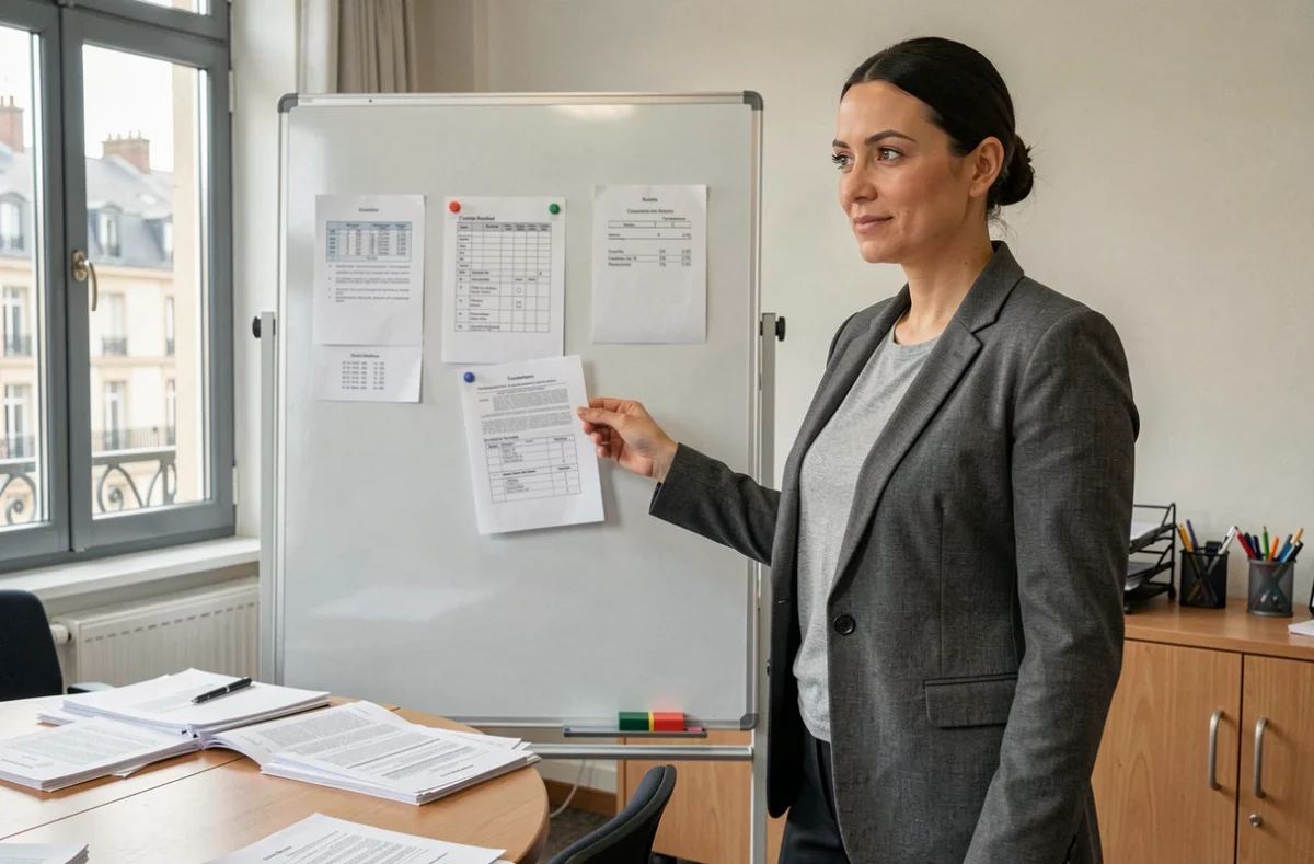 Maître Amélie Tottereau-Rétif, avocate spécialisée en pension alimentaire et garde d'enfants à Orléans, devant un tableau de notes juridiques