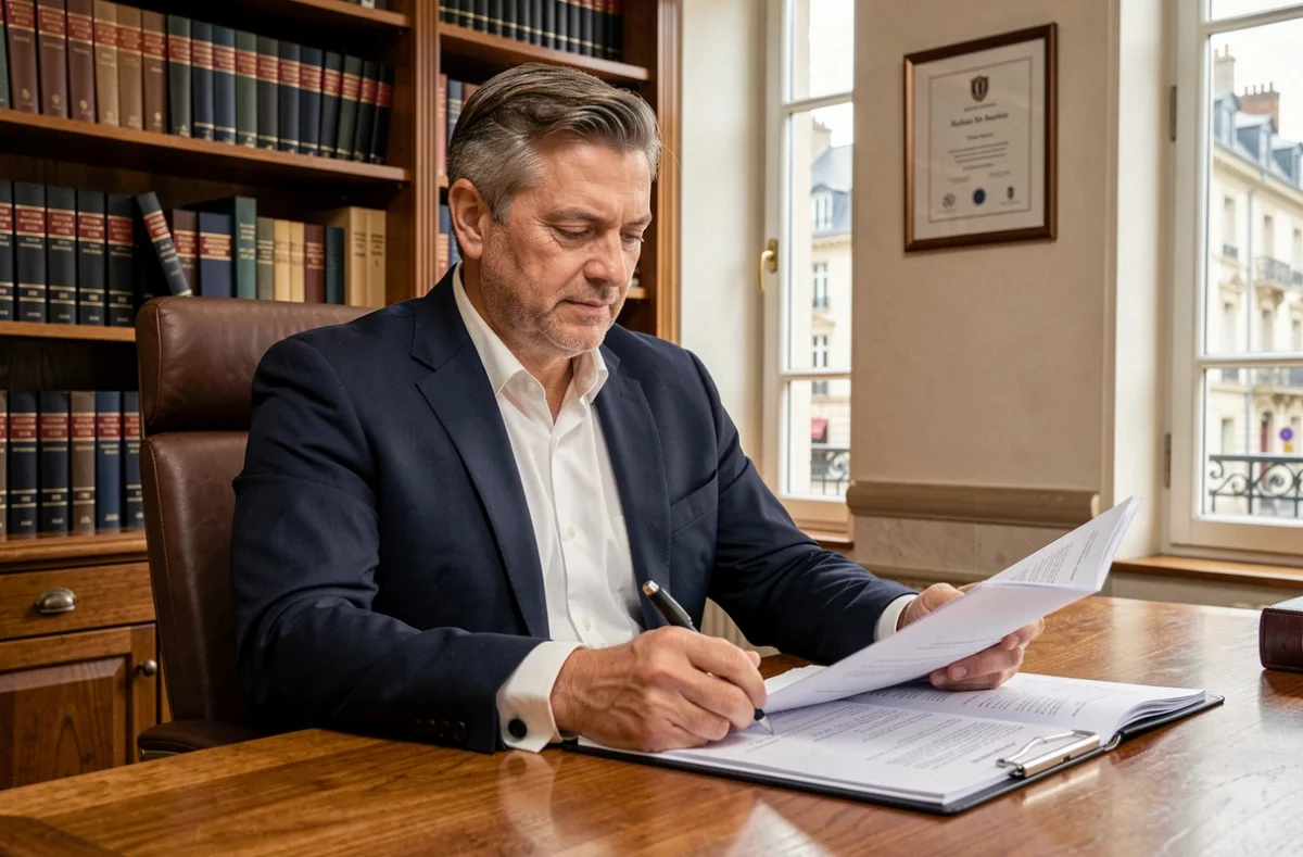 Maître Benoît Bariteau, avocat en droit de la famille au barreau de Tours, assis à son bureau en consultant un dossier juridique