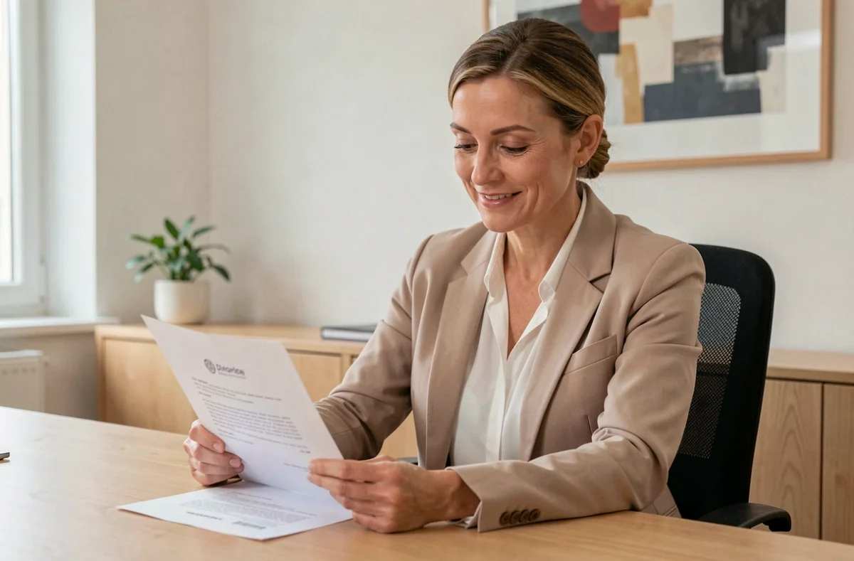 Maître Céline Jaumouillé, avocate en divorce amiable au barreau de Tours, souriante à son bureau en révisant un accord de divorce