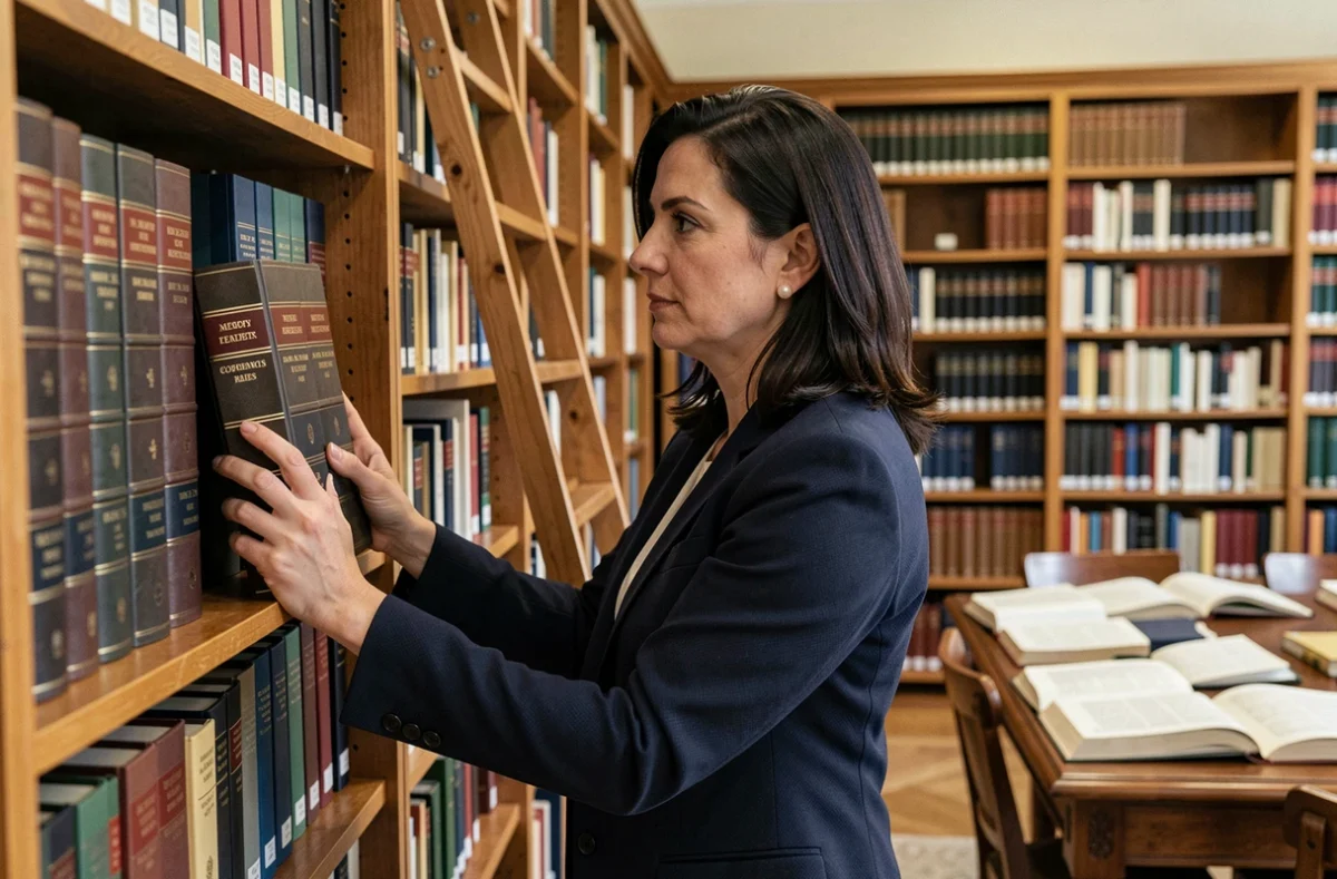 Maître Imen Akkari Puybaret, avocate spécialisée en régimes matrimoniaux à Tours, dans une bibliothèque juridique consultant un ouvrage de droit