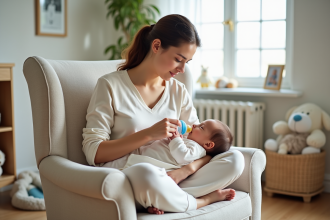 Jeune maman allaitant son bébé dans un salon lumineux