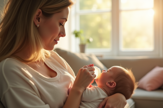 Maman douce donnant le biberon à son bébé dans un salon lumineux