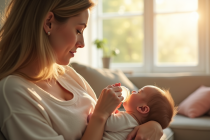 Maman douce donnant le biberon à son bébé dans un salon lumineux