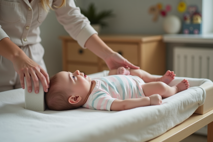 Jeune maman change un bébé dans une nurserie chaleureuse