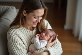 Maman et bébé en pull d'hiver dans un intérieur chaleureux