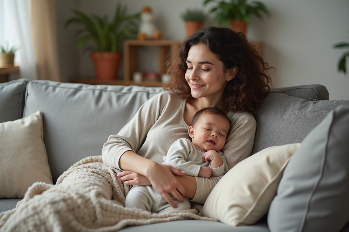 Jeune maman avec son bébé endormi sur la poitrine