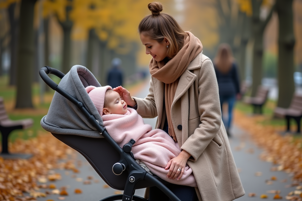 Maman vérifie la température de bébé dans un parc automnal