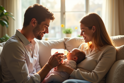 Maman jeune donnant le biberon à son bébé dans un salon lumineux