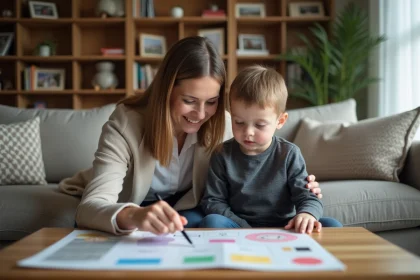 Femme souriante avec un garçon dans un salon chaleureux