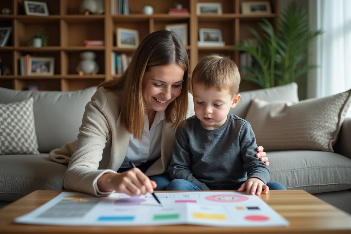 Femme souriante avec un garçon dans un salon chaleureux