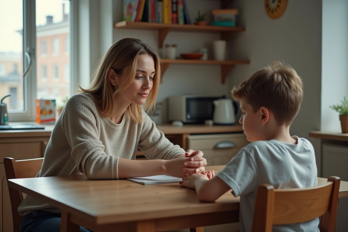 Femme et garçon à la cuisine dans un moment intime