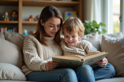 Maman et son enfant lisant un livre dans un salon chaleureux