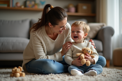Maman réconforte son enfant dans un salon chaleureux