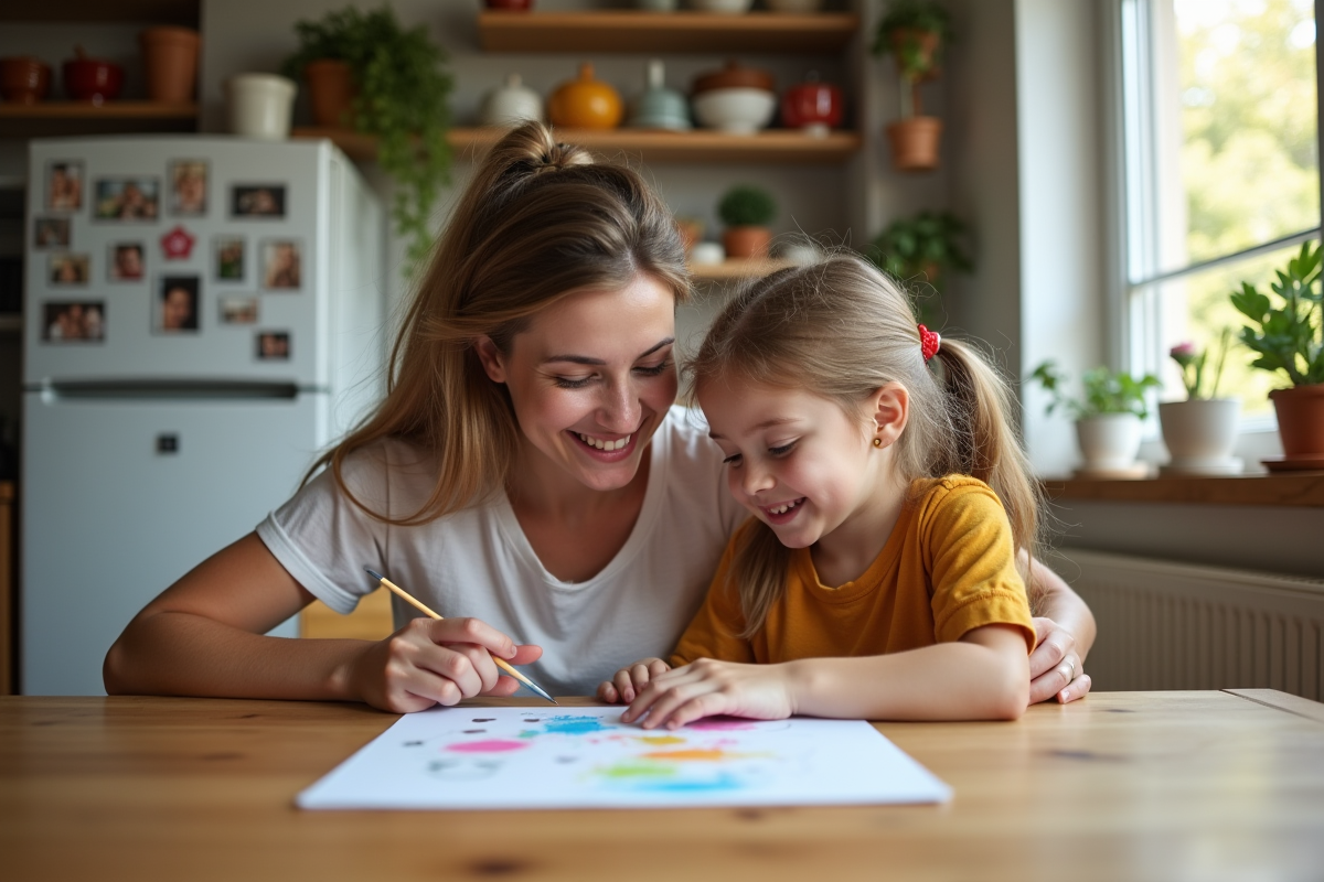 Maman et fille partageant un dessin dans la cuisine lumineuse