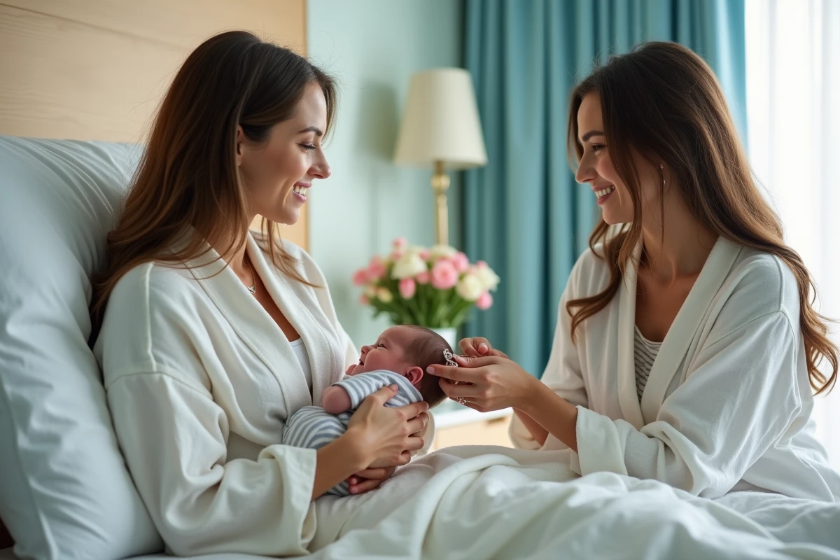 Maman et amie échangeant un bracelet dans une chambre d