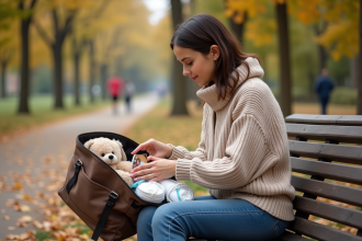 Jeune maman prépare son sac à langer dans un parc automnal