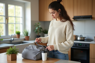 Jeune maman préparant le sac à langer dans la cuisine lumineuse