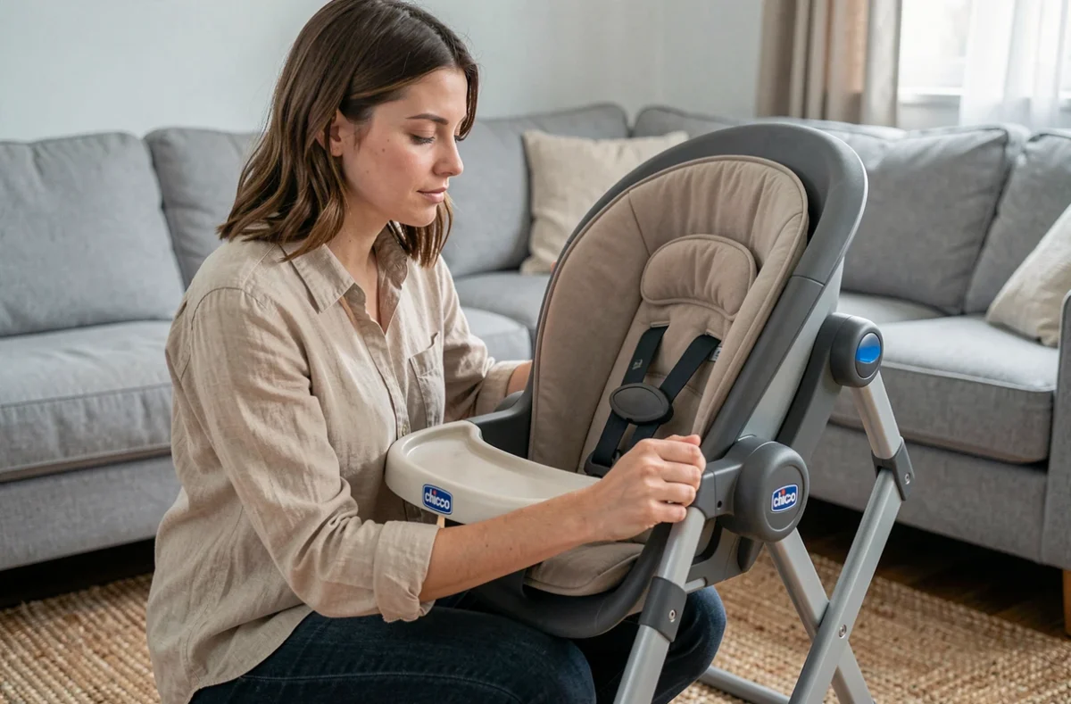 Maman ajustant la position inclinée de la chaise haute Chicco Polly Magic 3 en 1 convertie en transat dans un salon cosy