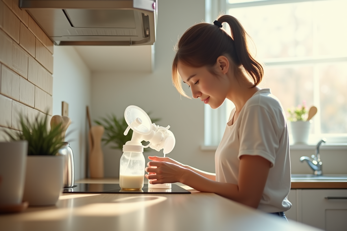 Jeune maman verse du lait dans un bocal dans la cuisine en lumière naturelle