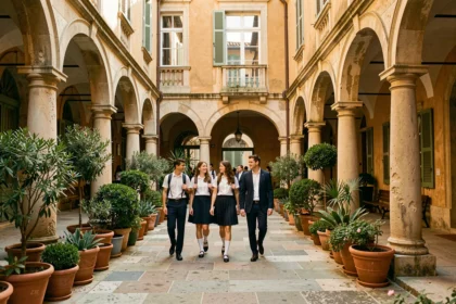 Cour intérieure d'une école privée à Marseille avec des élèves en uniforme marchant sous des arcades en pierre