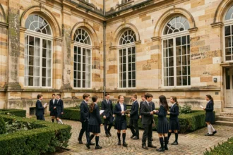 Cour d'école privée dans les Pays de la Loire avec des élèves en uniforme devant un bâtiment en pierre