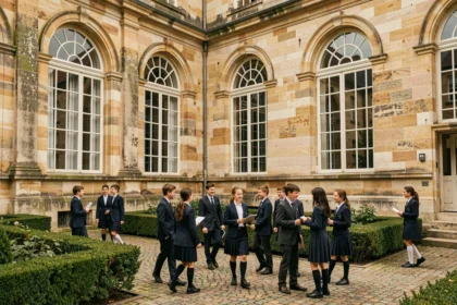 Cour d'école privée dans les Pays de la Loire avec des élèves en uniforme devant un bâtiment en pierre
