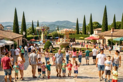 Vue d'ensemble d'un parc de loisirs en Provence-Alpes-Côte d'Azur avec des familles profitant des attractions