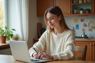Mère consultant des conseils parentaux sur un site web et prenant des notes dans une cuisine familiale chaleureuse