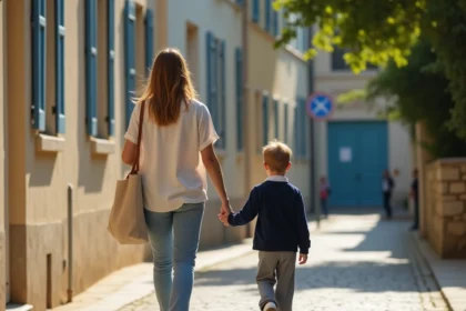 Mère et enfant marchant vers une école à Montpellier dans un quartier résidentiel, illustrant la zone scolaire 2026