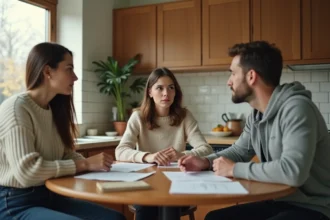 Nounou à domicile discutant d'un contrat et d'une rémunération avec des parents autour d'une table de cuisine