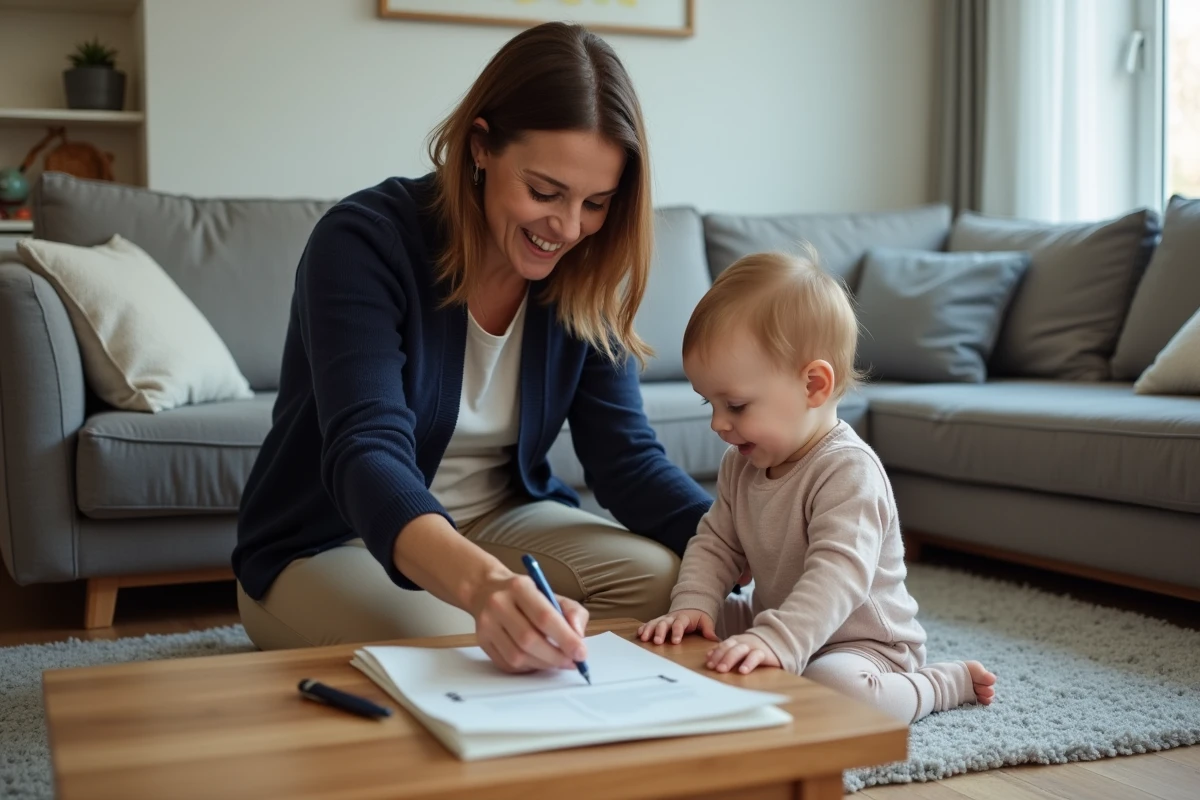 Nounou jouant avec un enfant en bas âge dans un salon, avec une enveloppe de documents sur la table en arrière-plan
