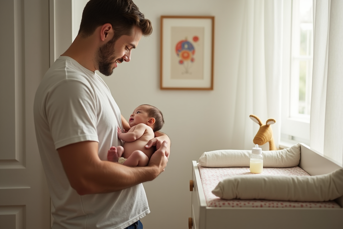 Papa tenant un bébé allaité dans une chambre paisible et moderne
