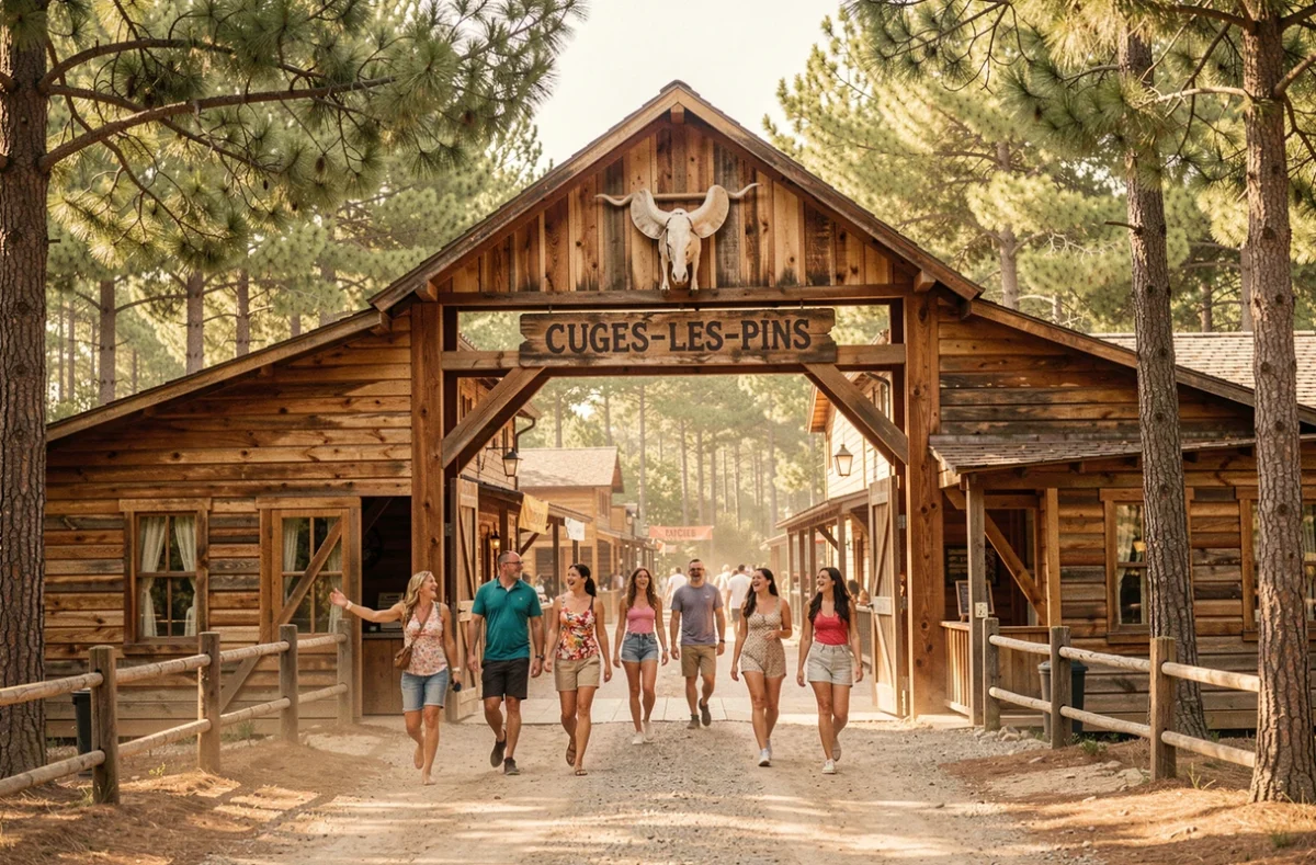 Entrée du parc OK Corral à Cuges-les-Pins avec décor western et visiteurs en famille