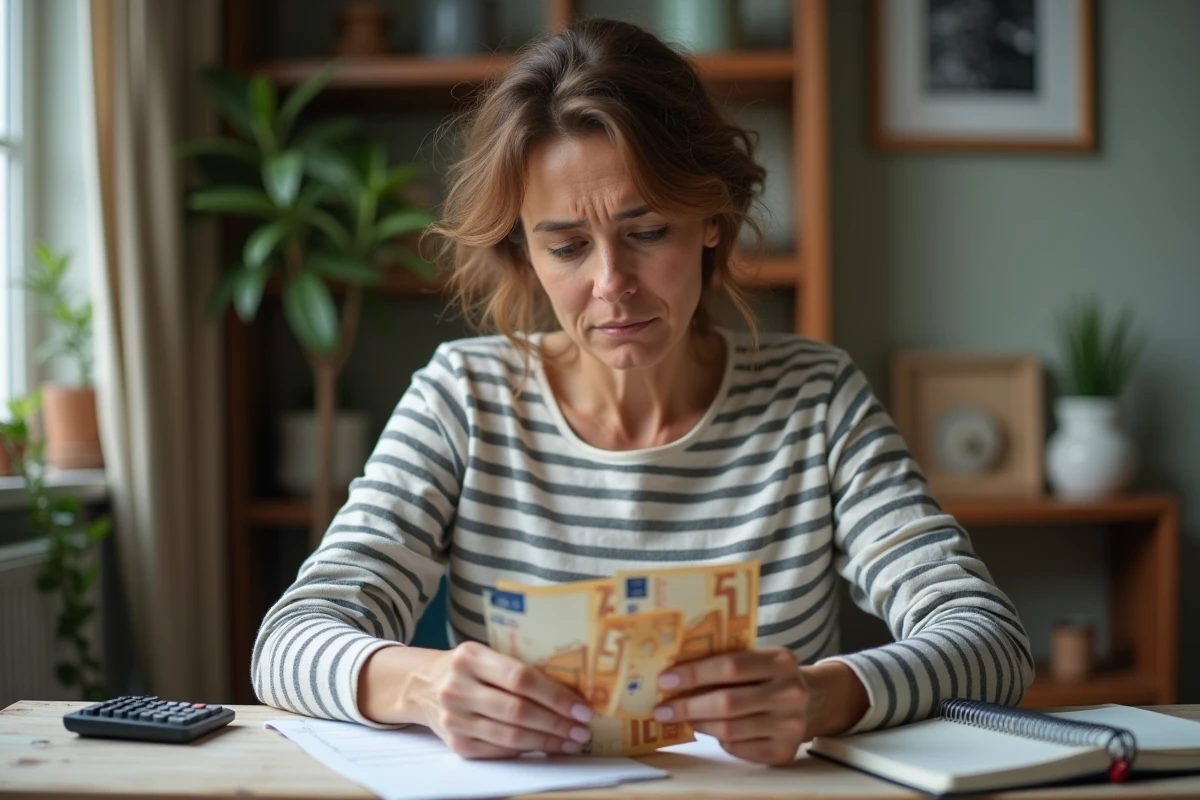 Femme comptant des billets en euros à son bureau, illustrant le paiement d'une nounou en espèces non déclarées
